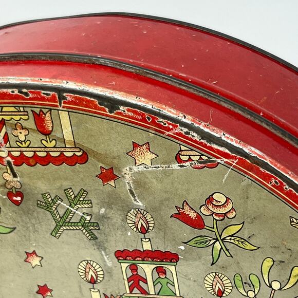 Vintage 30s Huylers Christmas Candy Tin Round Metal Primitive Cottage Farmhouse - Picture 9 of 15